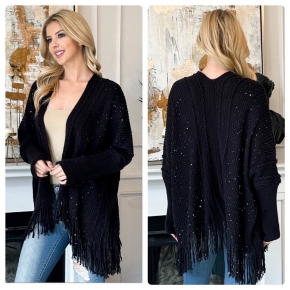 NEW Black Sequin & Fringe Cardigan - Picture 1 of 15